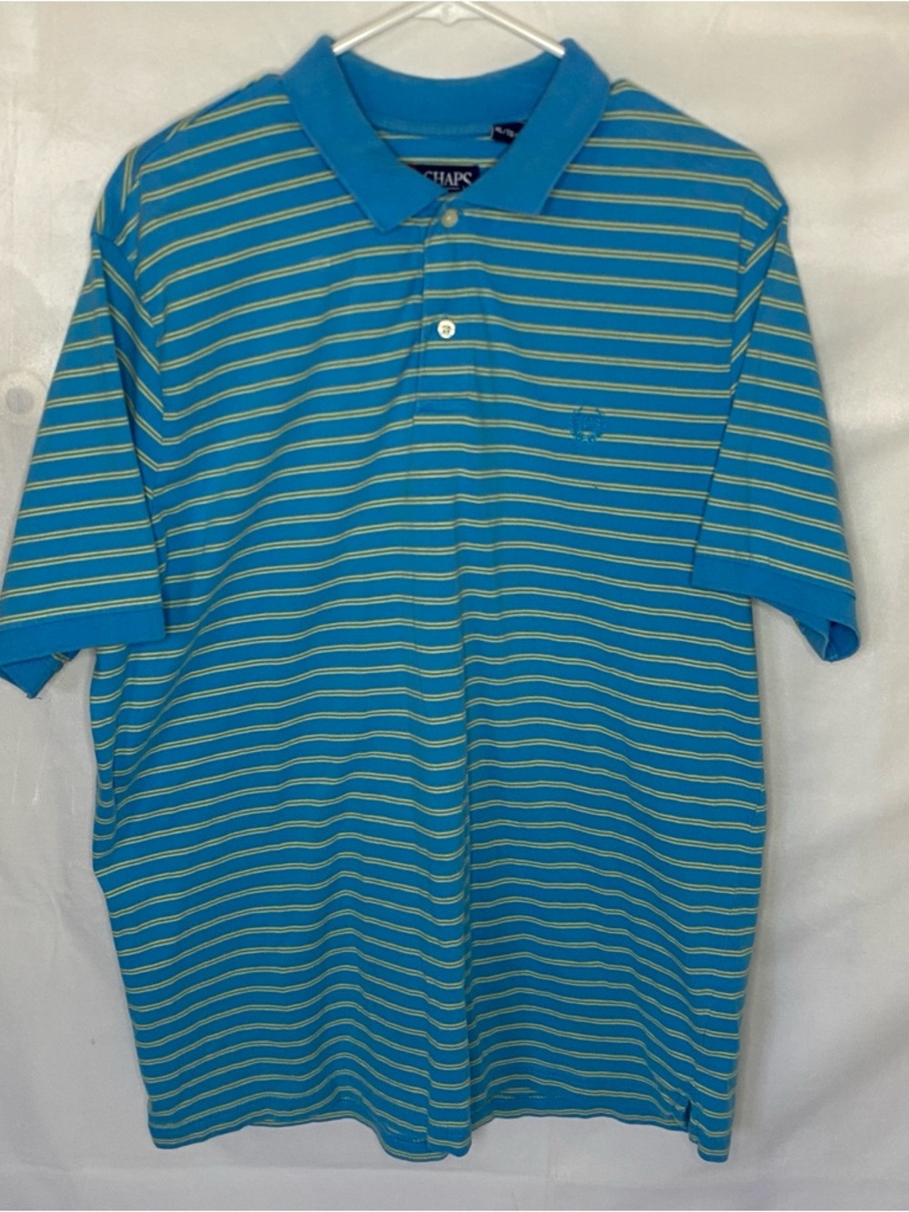 Chaps Men's Striped Polo Shirt XL Blue & Yellow Short Sleeve 100% Cotton Crest